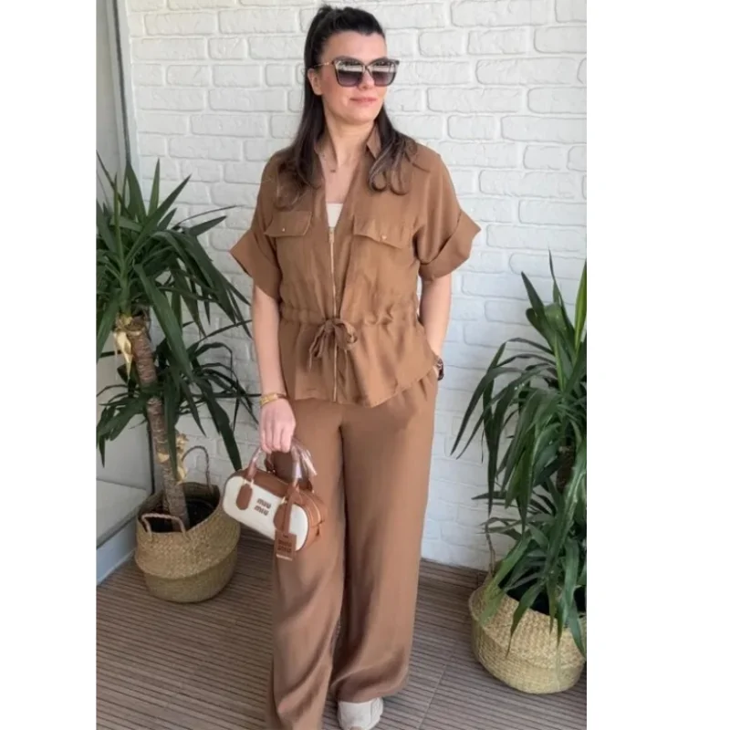 

Casual Coat Pant Set Women Loose Zipper V-neck Lace Up Pleat Top Wide Leg Trousers Suit 2025 Summer Lady 2 Pieces Outfits New zz