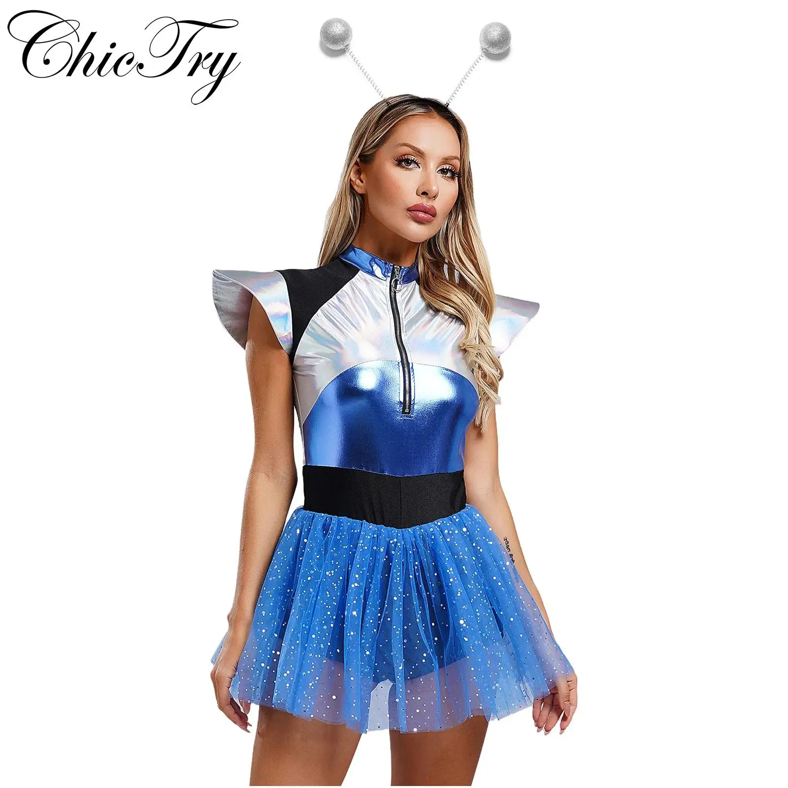 

Alien Costume Womens Space Fighter Astronaut Cosplay Bodysuit Leotard Tutu Dress Halloween Alien Carnival Roleplay Party Outfit