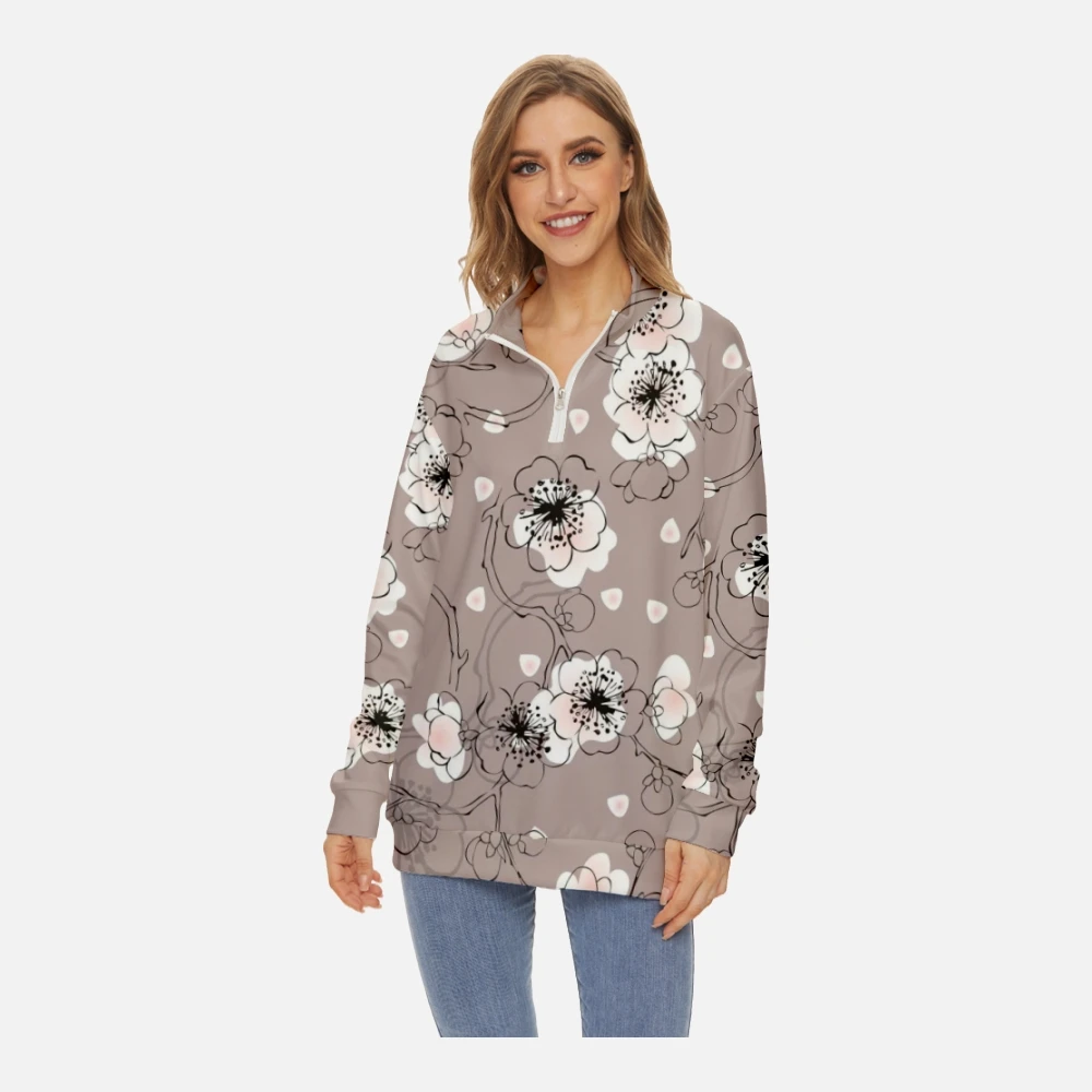 Women Fashion New Sweatshirt Long-sleeved Half Stand Collar Zip Cherry Blossoms Printing Crew Neck Sweatshirt Spring Long Sleeve