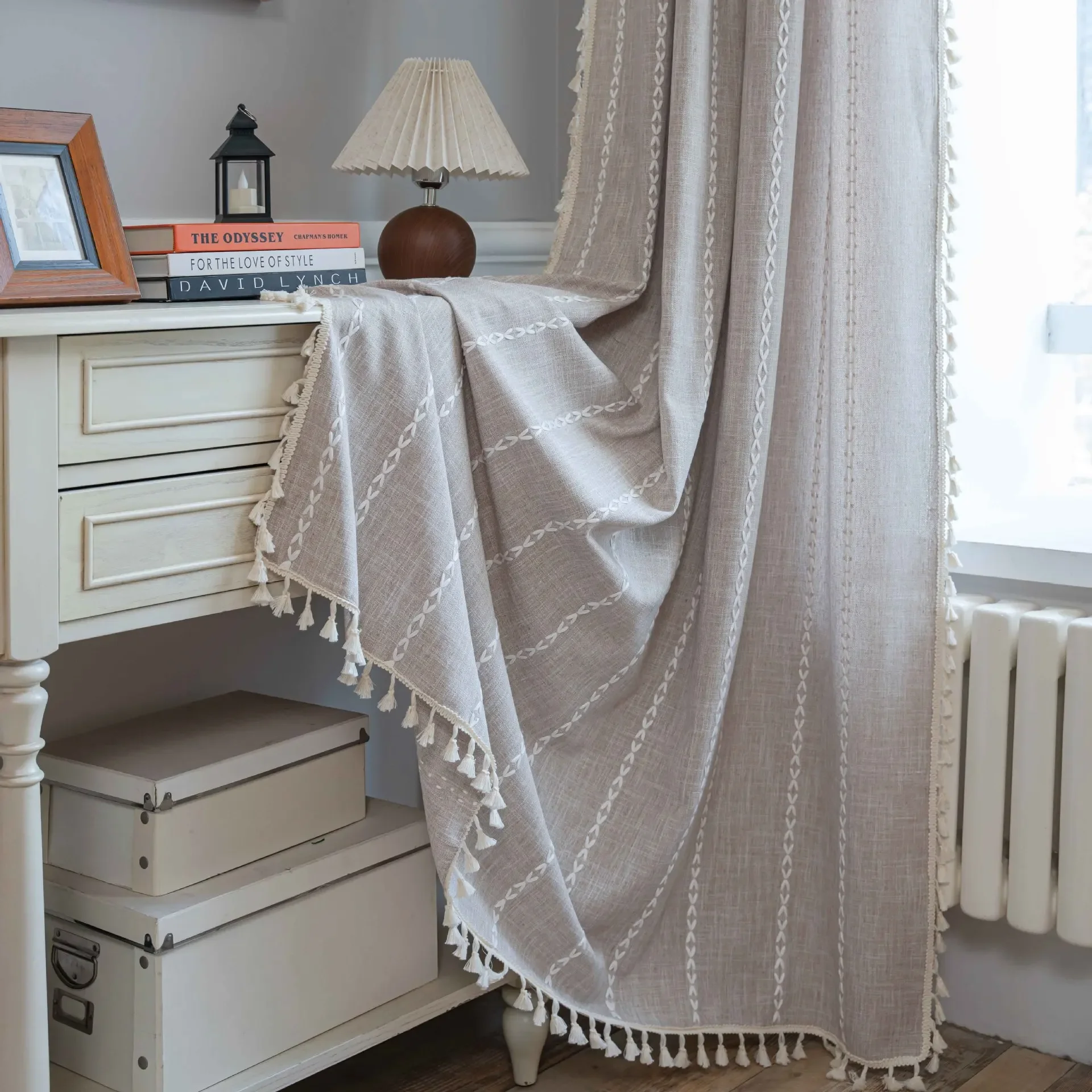 Cotton Linen Blending Curtains Road Pocket Shade Curtain Tassel for Kitchen Bedroom Living Room Bay Window Cabinet Curtain