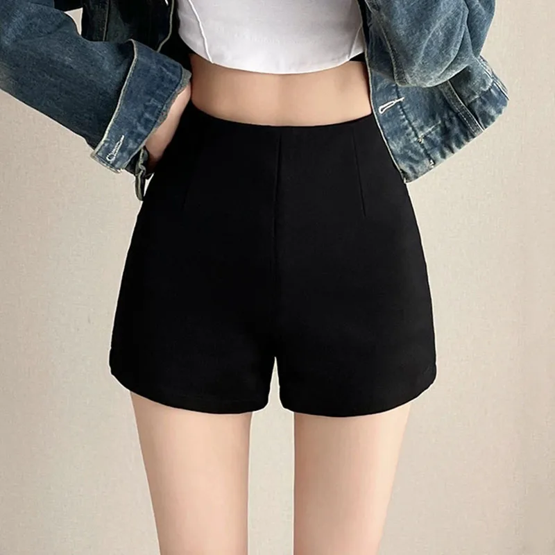Korean Slim Fit Black Shorts Women Summer High Waisted Zipper A-line Hot Short Pants Ladies Casual Slimming Base Suit Shorts