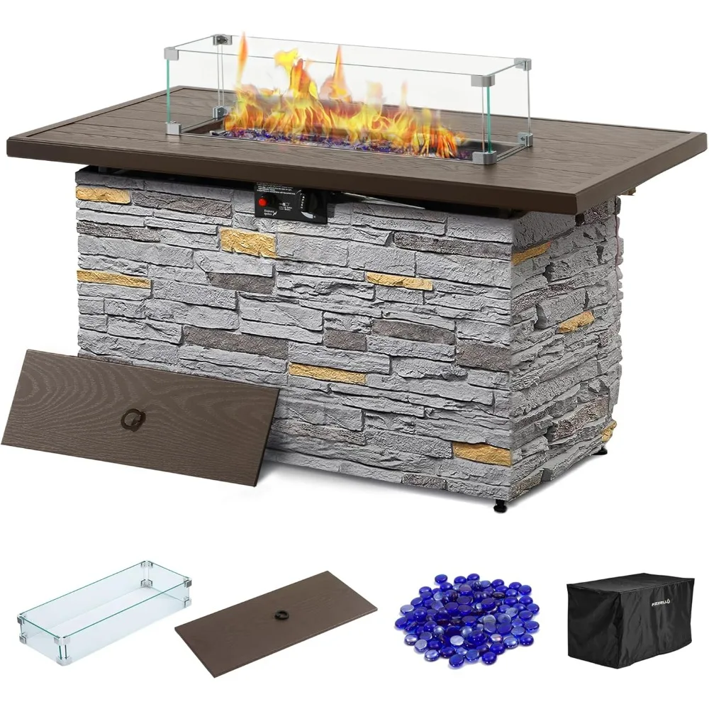 

43" Fire Pit Table with Wind Guard, Table Lid, Fire Beads, Cover, 50000 BTU, Rectangular Outdoor Propane Fire Pit Table