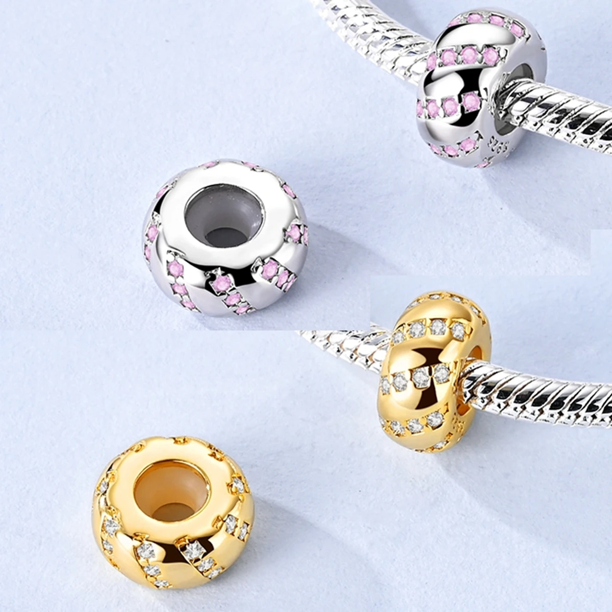 925 Sterling Silver Gold Plated Pink Track Clasp CZ Pave Clip Charms Beads Stopper Fit Original Bracelet Jewelry Clips