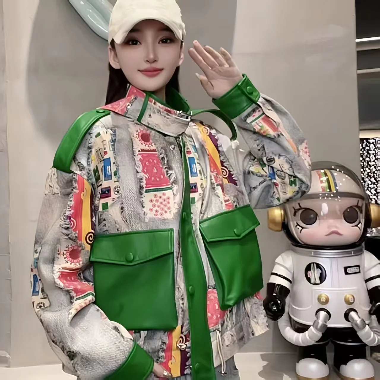 Women's Faux Leather Jacket,Stand Collar Outerwear,Adjustable Waist Tops,Print Doodle Coats,Female Clothing, Autumn,Winter,New