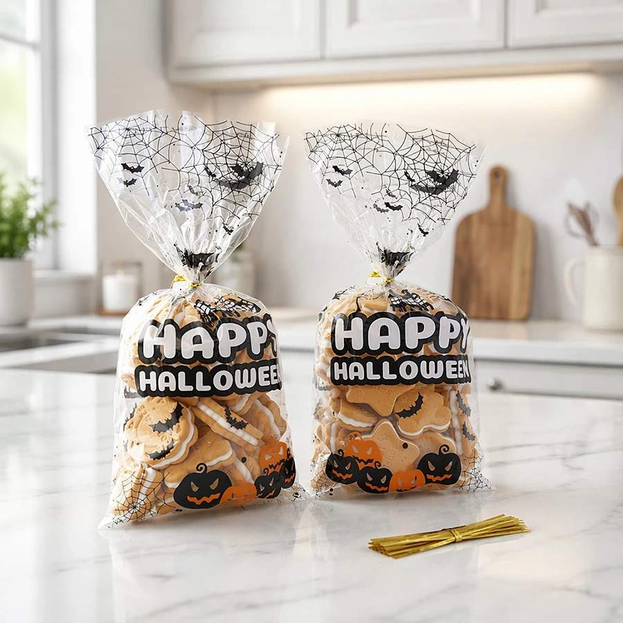 50 Stück Halloween Plastik-Bonbontüten Transparente Geschenktüten für die Halloween-Party Kekse-Verpackungstüten für Süßes oder Saures