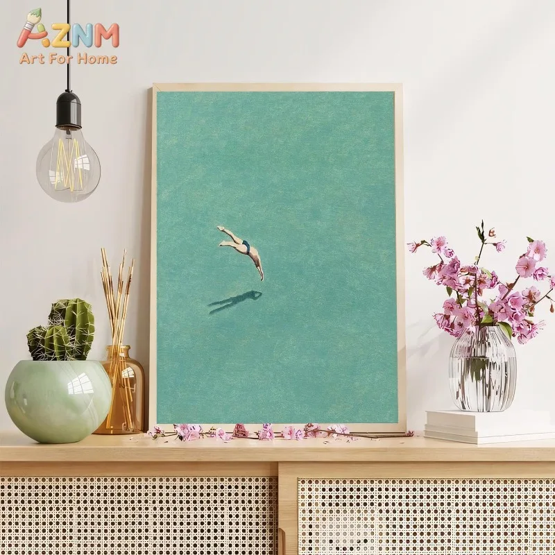 AZNM Retro Aerial View Diver Swimming Pool Canvas Wall Art, Minimalist Turquoise Summer Ocean Print, Frameless Vintage Coastal H