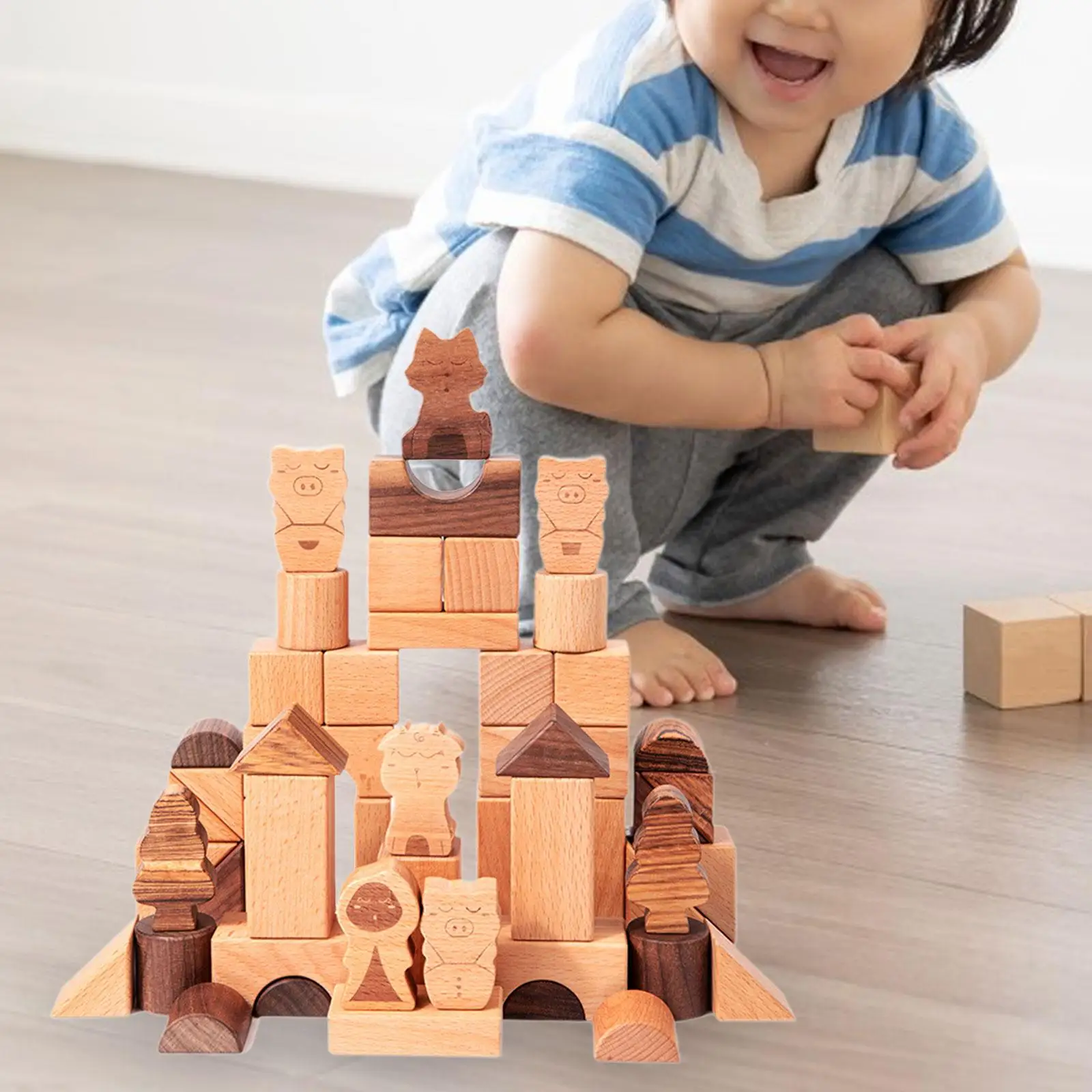 50Pcs Wooden Building Blocks Montessori Teaching Aid Geometric Solids 3D Shapes for Travel Toys Holiday Gift Boys Girls