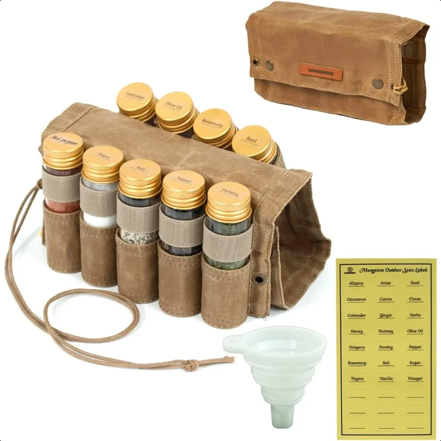 

Camping Spice kit with 9 spice Jarrope Spice Labels Sticker Silicone Collapsible Funnel Canvas Travel Seasoning container porta