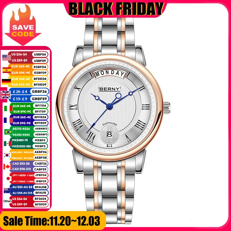 BERNY-reloj de cuarzo con números romanos para mujer, cronógrafo con fecha, calendario, cristal de zafiro, correa de acero sólido