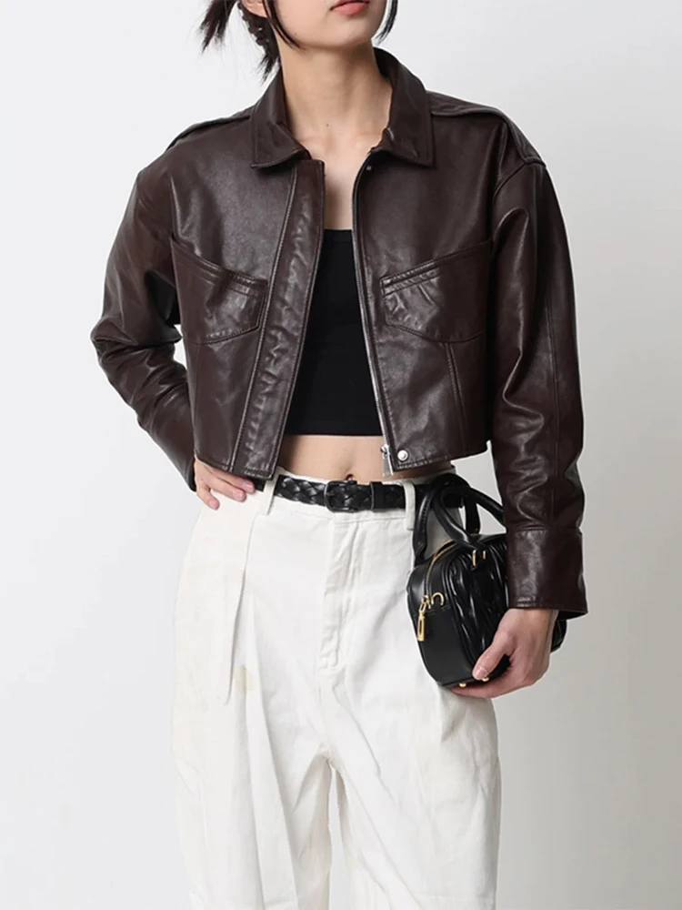 Lady's Spring Black Genuine Sheepskin Leather New Design Short Jacket Coat Autumn Slim Real Leather Overcoat