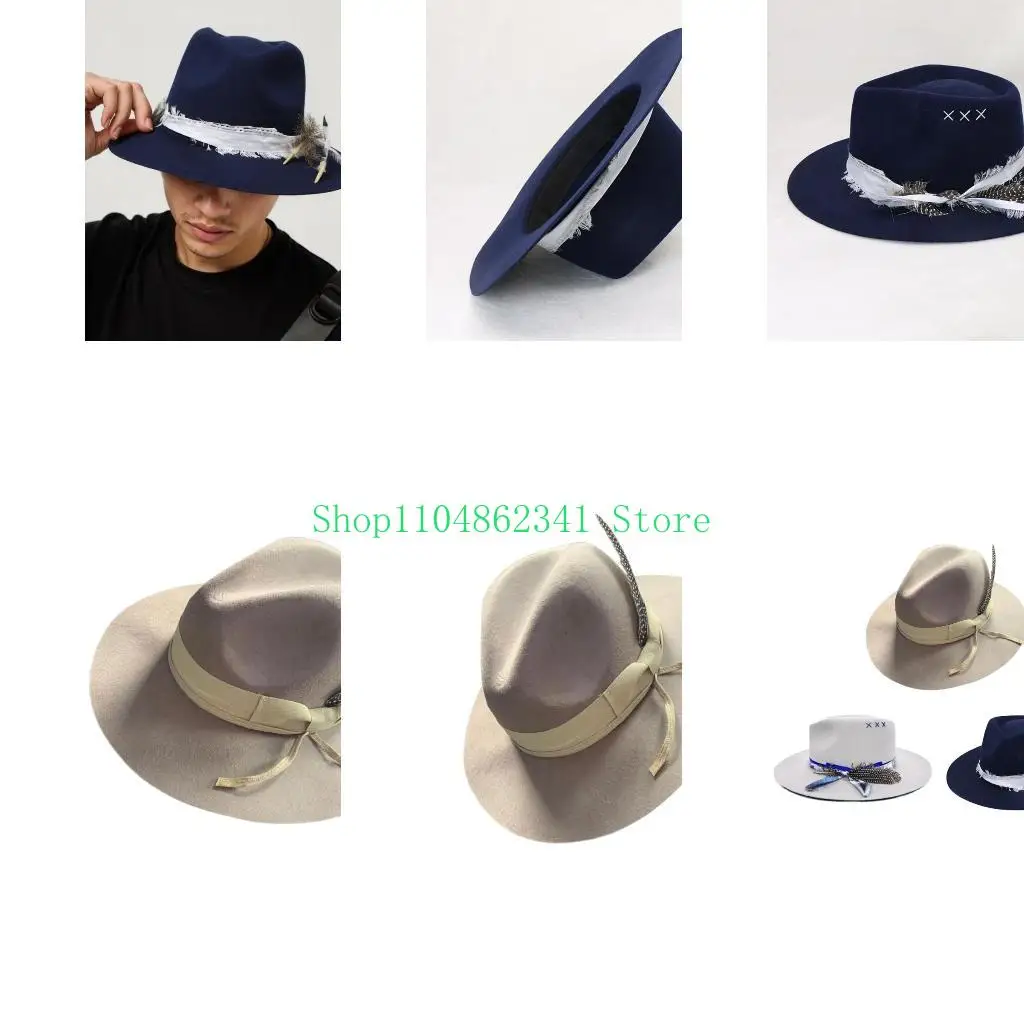 

5asd Stylish Wool Gentleman Hat with Feathered and Woven Belt for Men and Women Unisex