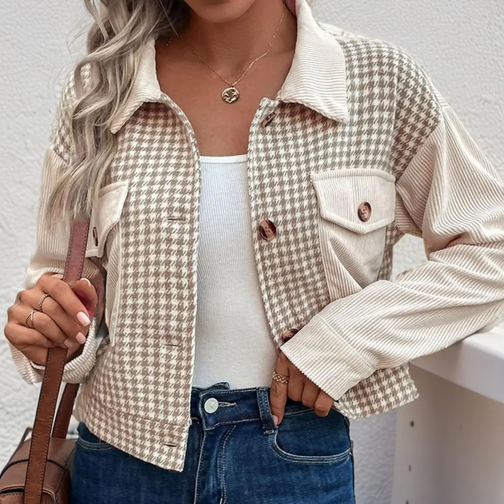 

Women Coat Plaid Print Button-down Cardigan with Chest Pockets for Women Stylish Fall Spring Jacket with Turn-down Collar Wear