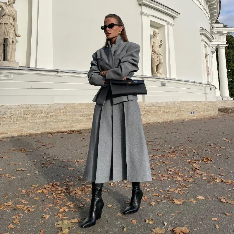 2024 fall and winter Women Fashion Solid Woolen Skirt Suits Elegant Stand Collar Full Sleeve Coat Loose Pleated Long Skirts Set