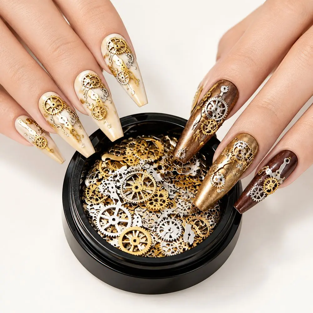 120Pcs Mechanical Gear Nail Studs Gold Silver Cogs Clock Watch Hands Punk Metal Charm Rivet 3D Nail Decorations DIY Nails Decor