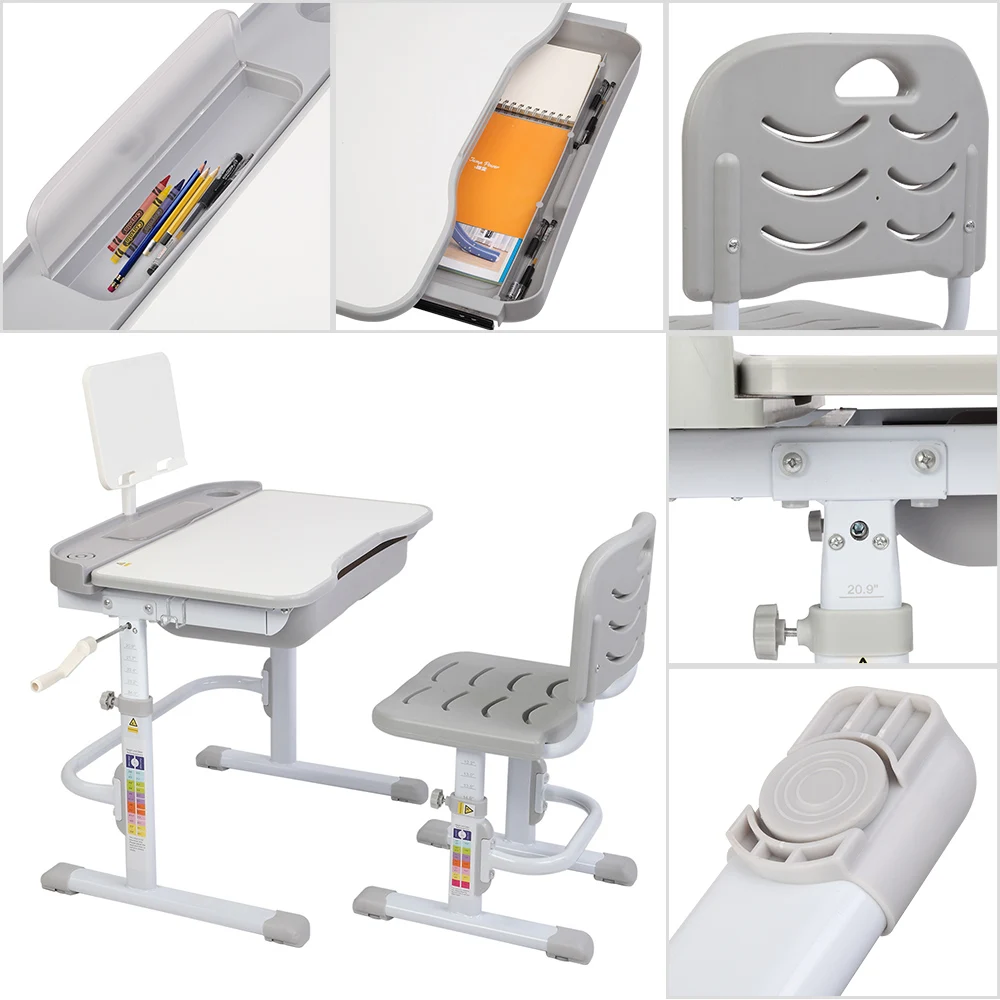 Kids Study Desk&Chair 80CM Hand-Operated Lifting Can Tilt Desktop Children Learning Table with Reading Frame 3 Colors[US-Stock]