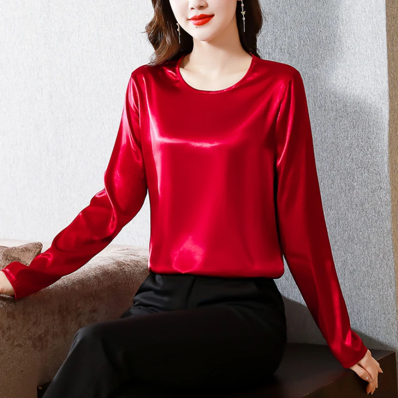 Brand Quality Silk Satin Blouse Women 2023 New Spring Summer Solid Color Long Sleeve Tops Blouses Elegant Lady Shirt Blusa Mujer