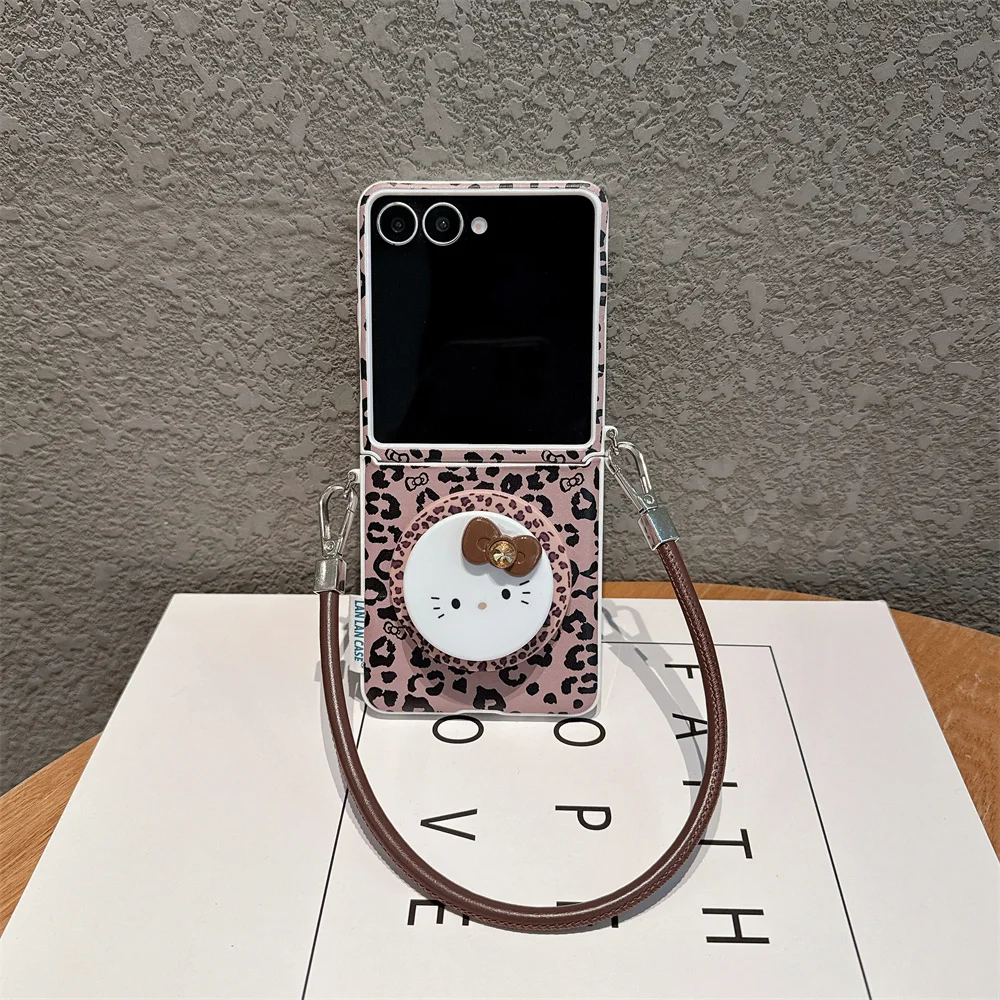 New Cute Leopard Print Hello Kitty Phone Case For Samsung Galaxy Z Flip5 Flip6 Flip7 Flip8 With Holder & Brown Wrist Strap Cover