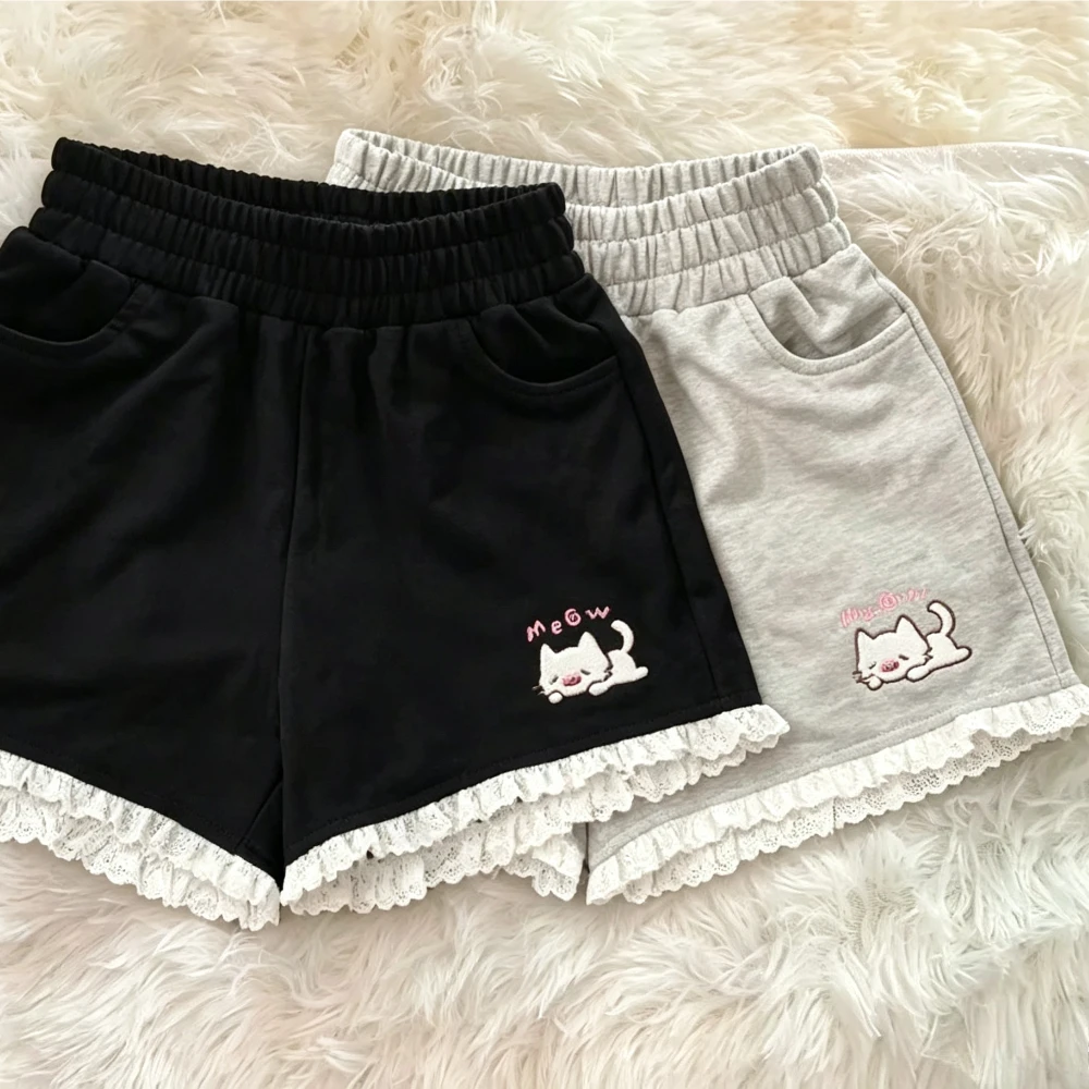 Korean Style Kawaii Print Cute Lolita Shorts Japanese Casual Fashion Elastic Waist Wide Leg Sweet Women Daily Clothing