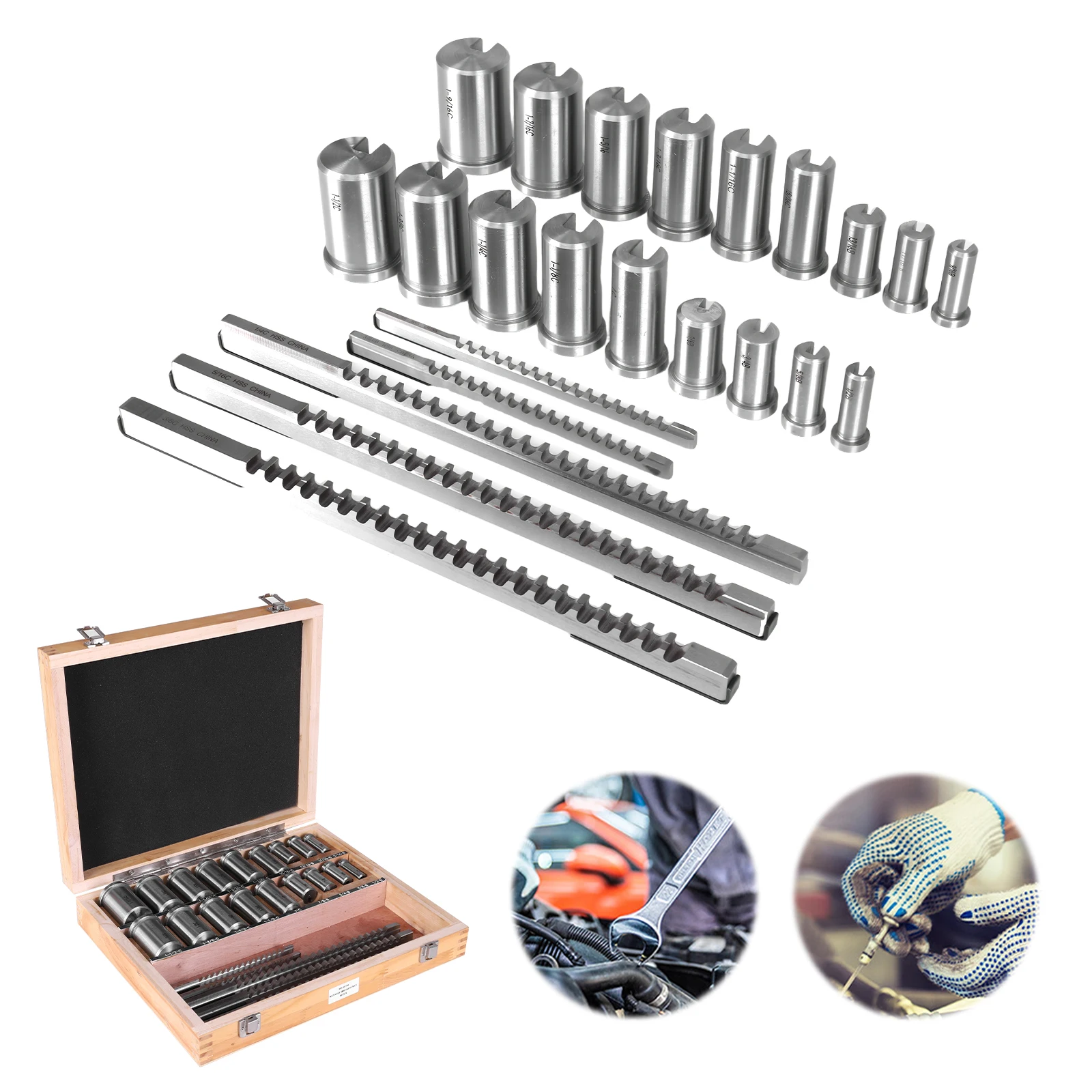 

Набор для протяжки шпоночных пазов, 30 предметов: 5 протяжек, 18 втулок и 7 прокладок. Набор протяжек для дюймовых и метрических шпоночных пазов. Стандартные протяжки для шпоночных пазов. Резцы из быстрорежущей стали (HSS).