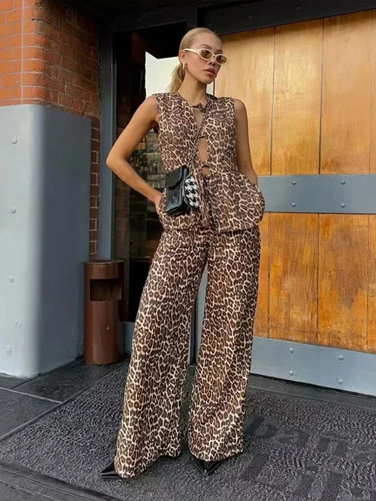 Leopard Print Hollow Out Sexy Loungewear Women Bow Lace Up Sleeveless Shirts Set Wide Leg Sexy Loose Pant Pjs Sets Women Outfit