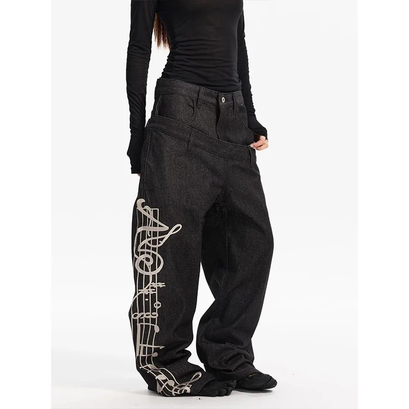 American Retro Distressed Patchwork Pants For Women's Street Style Print Loose Wide-Leg Straight Trousers 2026 Autumn Winter