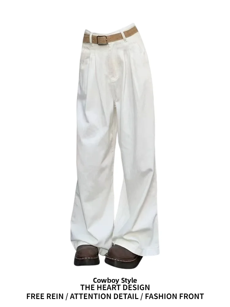 

Retro American Texture Folded White Jeans Women's Spring Autumn Straight Loose Slimming Drapey Wide Leg Pants High Waist