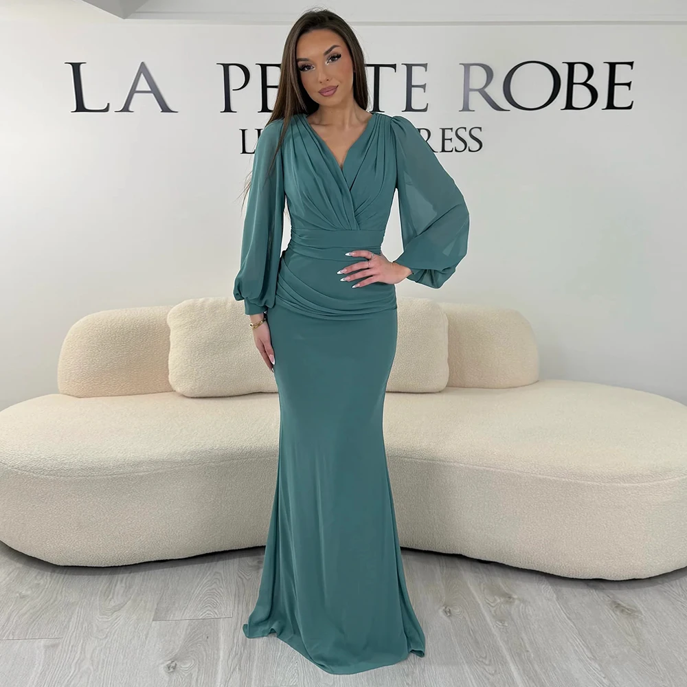 Elegantes Meerjungfrauen-Abendkleid aus Chiffon mit V-Ausschnitt und langen Ärmeln, mit Falten und Reißverschluss hinten, maßgeschneidertes Ballkleid für formelle Anlässe