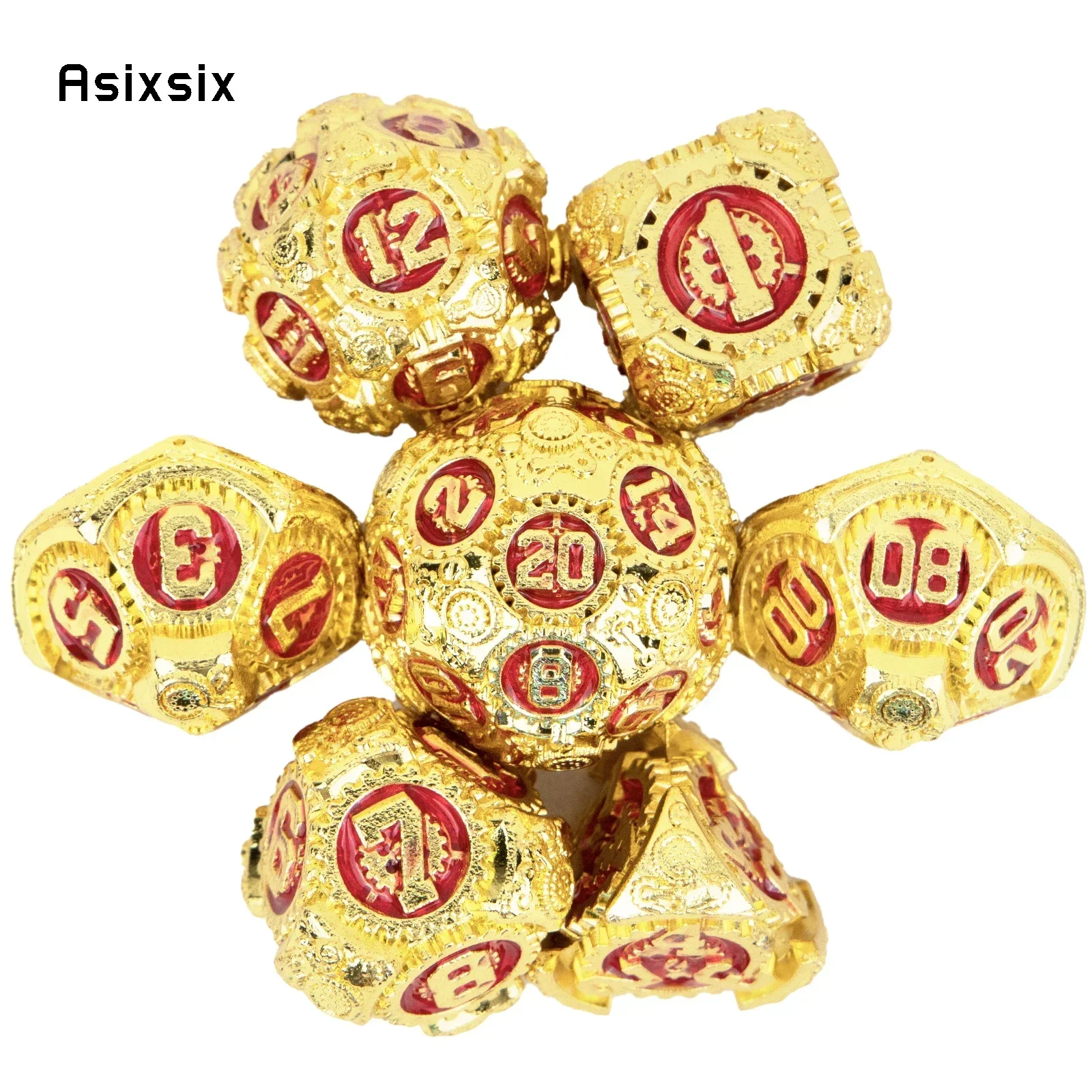 

7 Pcs Golden Red Gear Wheel Metal Dice Perfect For Card Games Board Games For Critical Role, Rpgs, D&D