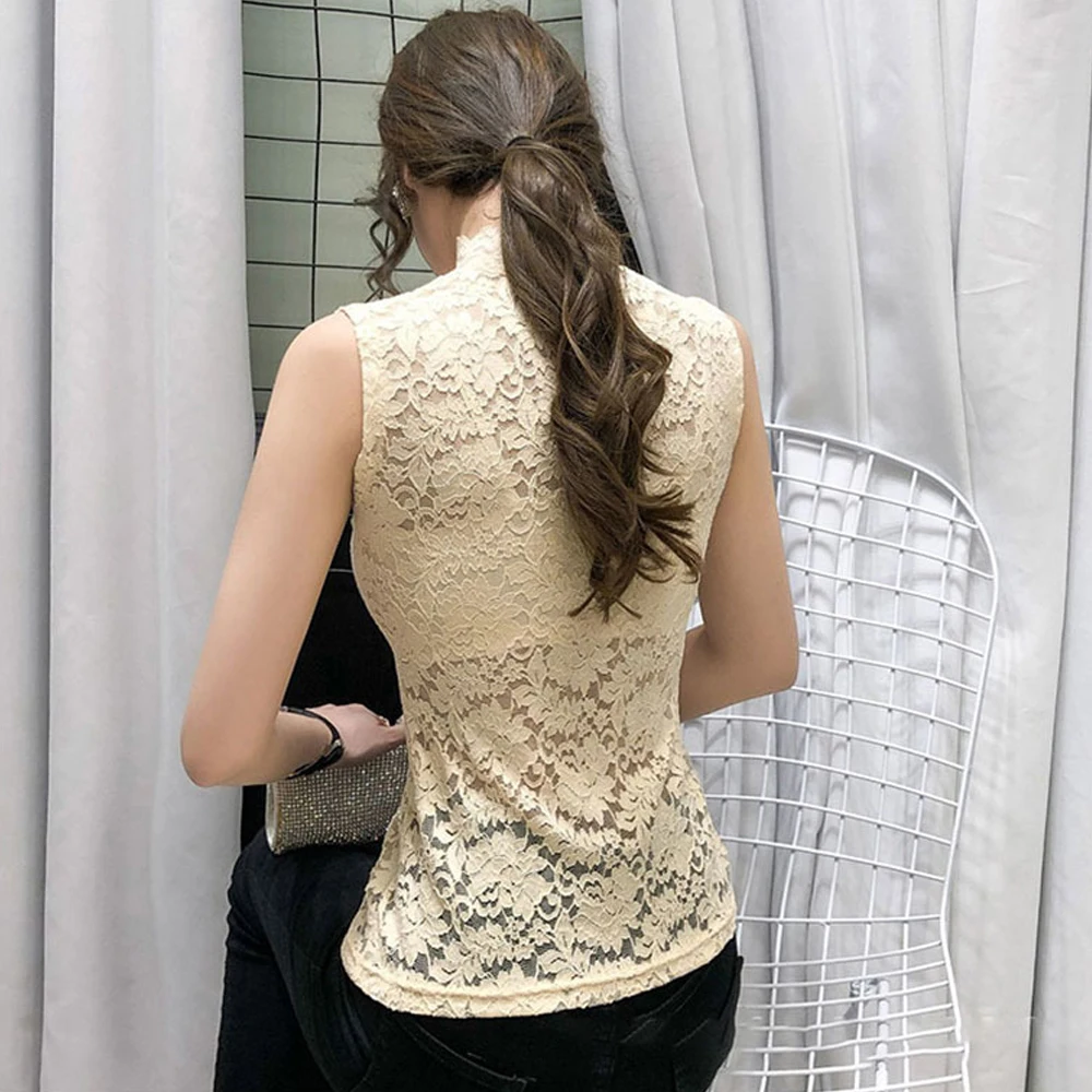 Flower Lace Female Blouses Vest S-XL Spring Summer Elastic T Shirt Girl Rose Lace Turtleneck Sleeveless Women Bottoming Tanks