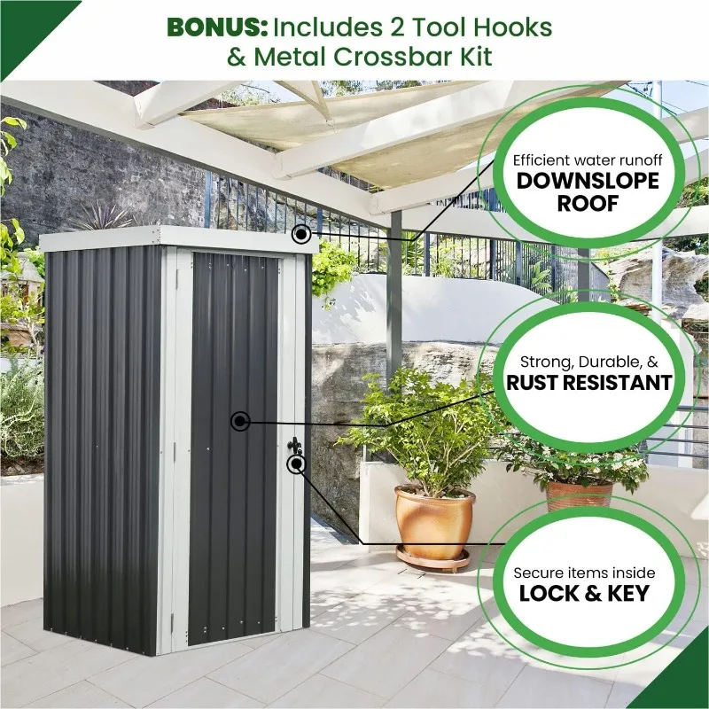 Galvanizado Steel Single Door Patio Storage Shed, Ferramentas de jardim, Twist Lock e Key Security