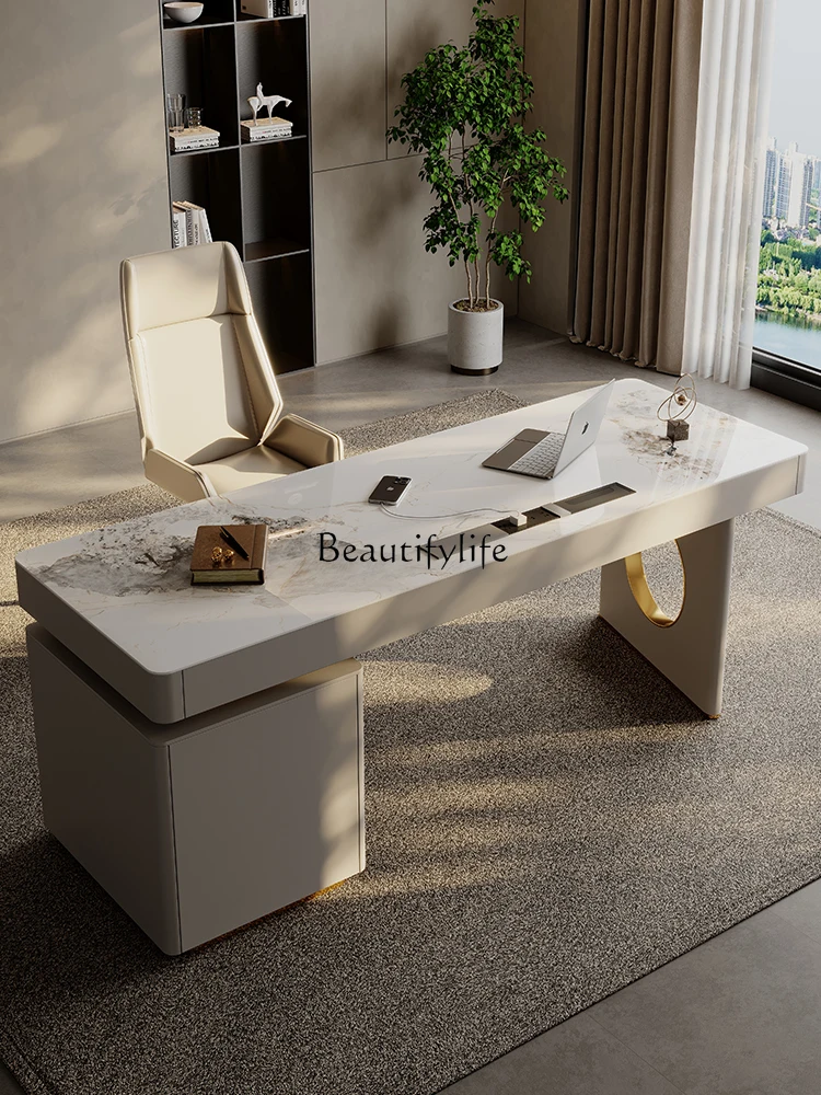 Light luxury rock slab stainless steel high-end desk modern simple Italian computer writing desk