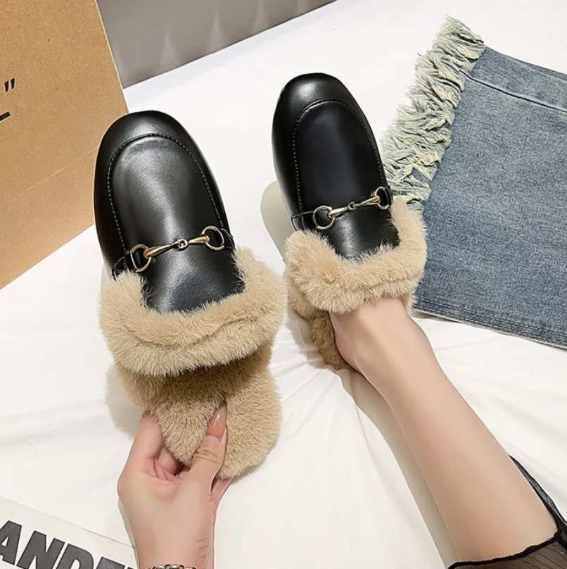 mules women\'s 2024 Winter Women warm Slippers Band Slides Non-Slip Cotton Furry Women Flip Flops chinelos sandalia plana