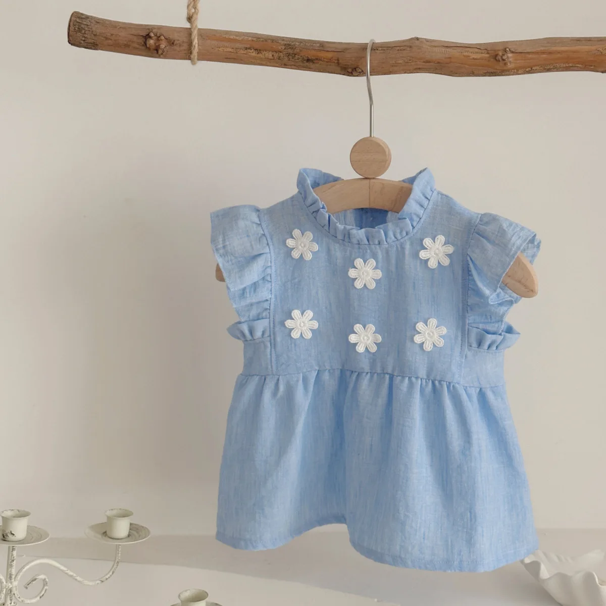 Baby Girl Clothes NewBorn Princess Summer Causal Baby Girl Dress Ruffles Sleeve And Collar Blue Decal Dress Toddler Kids Dress