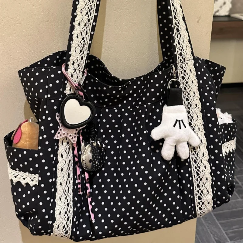 

Korean Style Polka Dot Canvas Bag Women's Niche Sweet Lace Shoulder Bag Commuting Large Capacity Tote Bag