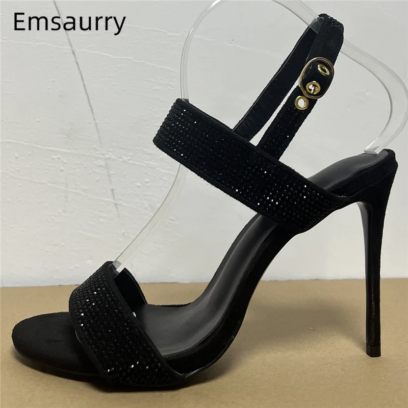 Jeweled Rhinestone Ankle Strap Sandals Women 10cm Stiletto Heel Luxury Suede Sexy Open Toe Summer Shoes