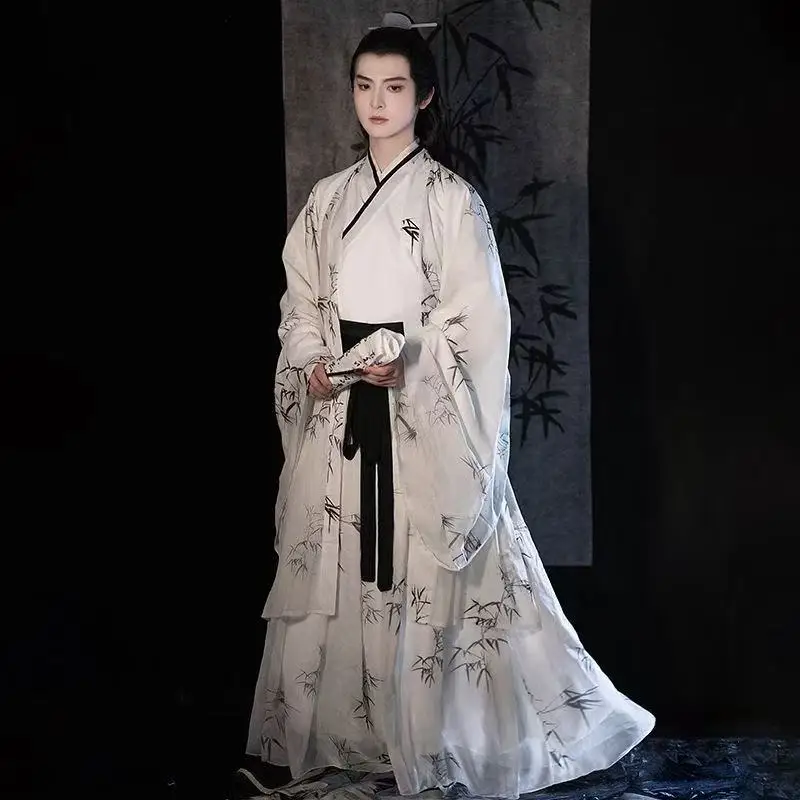 

Classical Water Ink Paintings Hanfu Men Women Traditional Bamboo Printing Cross Collar Costume Halloween Event Cosplay Suits
