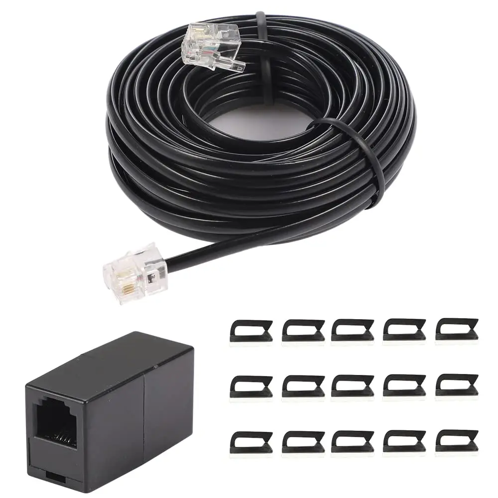 20ft Telephone Extension Cord with RJ11 Plug, In-Line Coupler & Cable Clips - Black