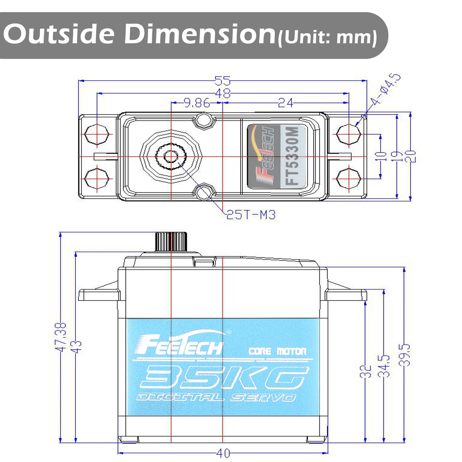 FT5330M 35KG RC Digtal Servo 180 Degree Waterproof Full Metal Gear High Torque Servos 25T Servo Arm for X4 1/8 1/10 Rc Car