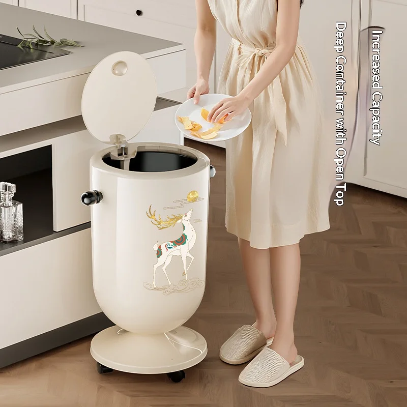 Retro wine-glass-shaped flip-top trash can, movable home-use large no-bend storage bin with wheels and paper basket
