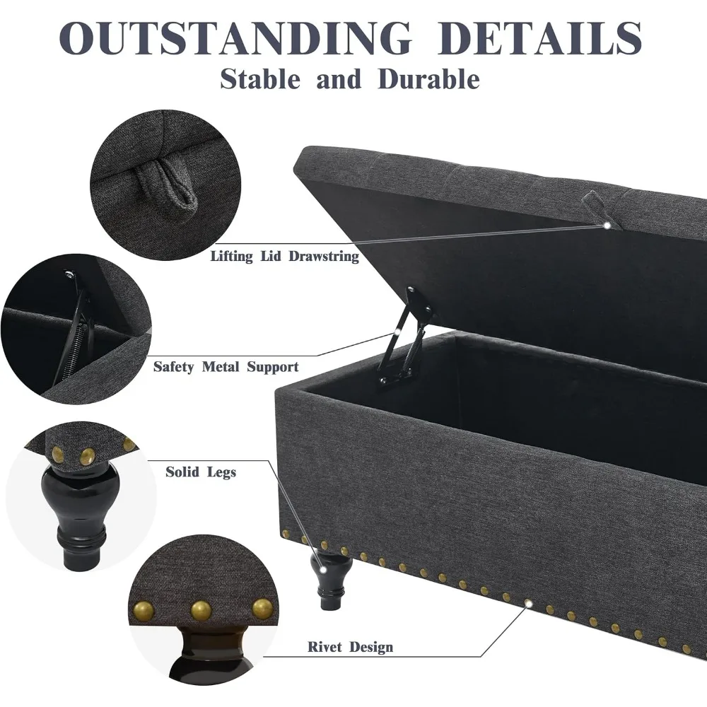 مقعد عثماني كبير للتخزين مع مفصلات أمان، سعة 330 رطلاً #5