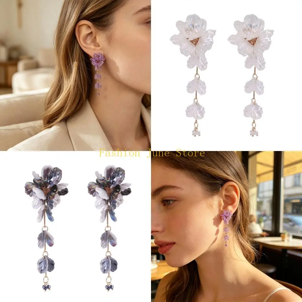 N5KA Resin Floral Drop Earrings with Tiered Flower for Travel Photos