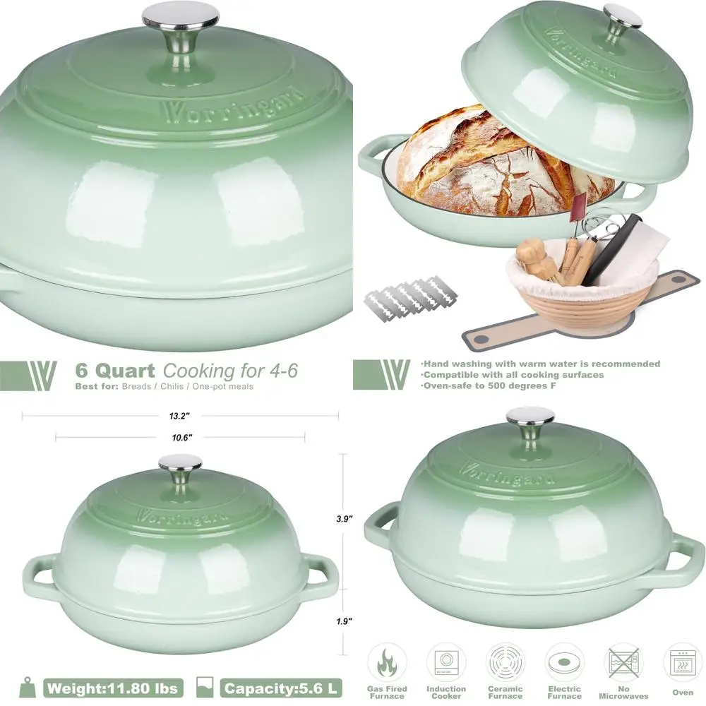 

6-Quart Green Enamel Cast Iron Dutch Oven with Lid, Perfect for Sourdough Bread Baking and Proofing
