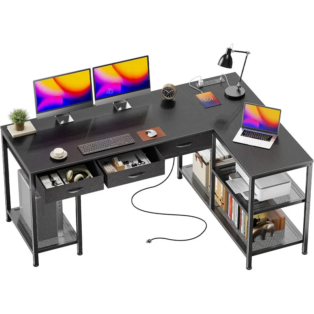 

Офисный стол L-образной формы 55 дюймов, розетки, порт Type-C, большой игровой стол, 3 тканевых ящика, сетчатые полки, угловой рабочий стол, B