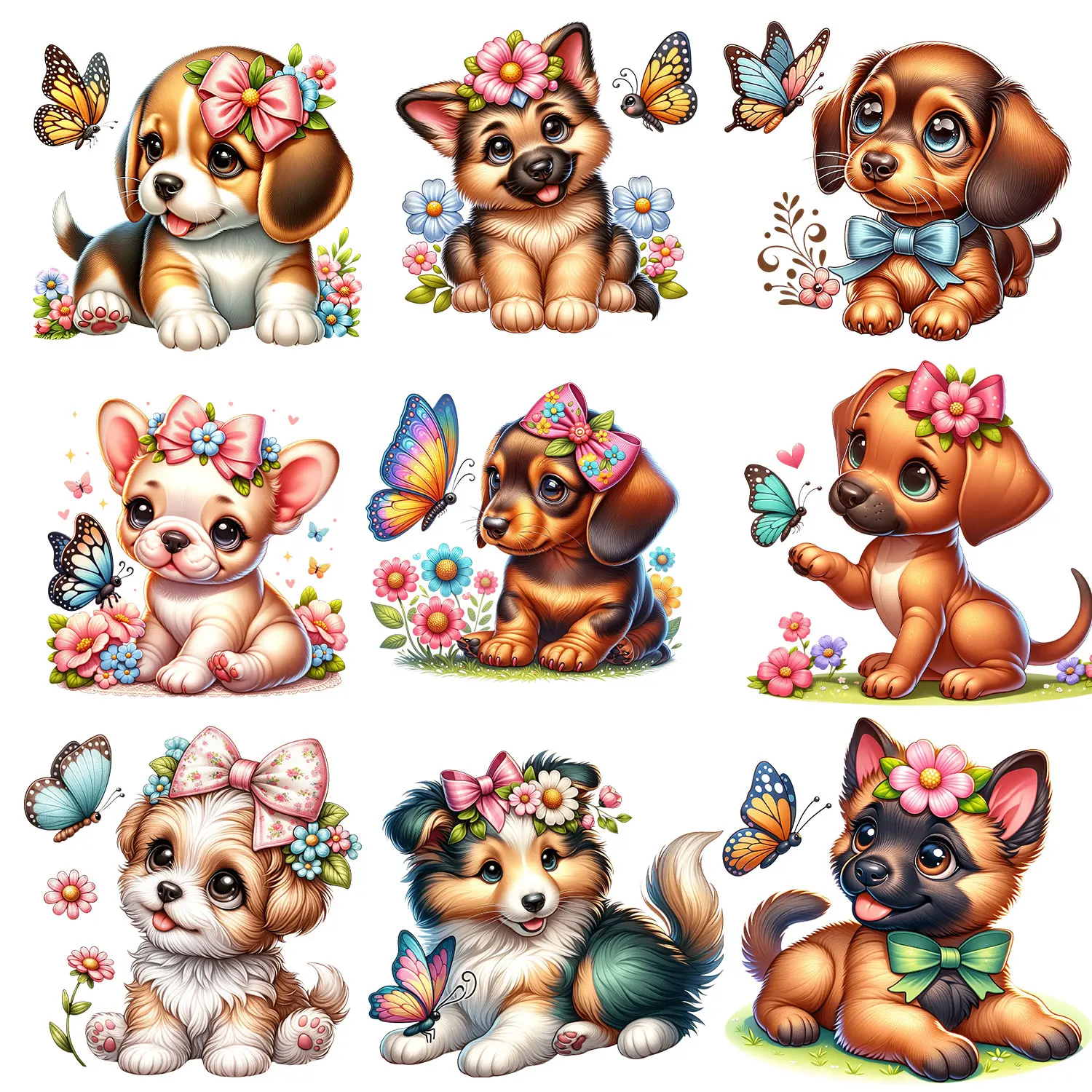 Butterfly Flower Cute Dog Puppy Iron on Picture on Clothes Playful Stickers Colorful Creations Durable Heat Transfer Prints