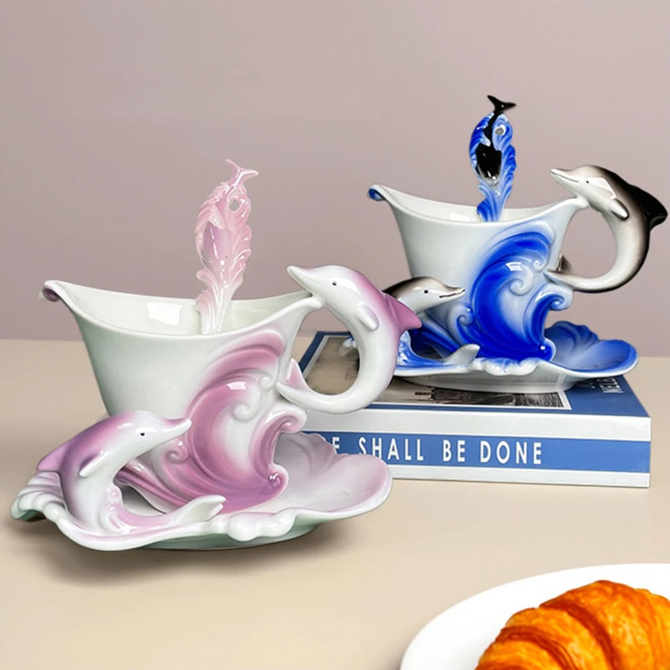 

Creative Enamel Painted Dolphin Shape Ceramic Coffee Cup & Saucer Set, Cute Blue & Pink Option,Elegant Home Decor Tea Mug C06-5