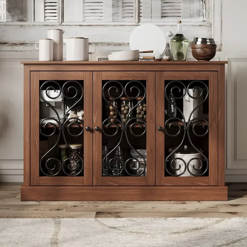 47 Inch Wooden Coffee Bar Cabinet With 3 Metal Trim Doors Modern Locker Storage Furniture Mid Century Style Home Decor Mid
