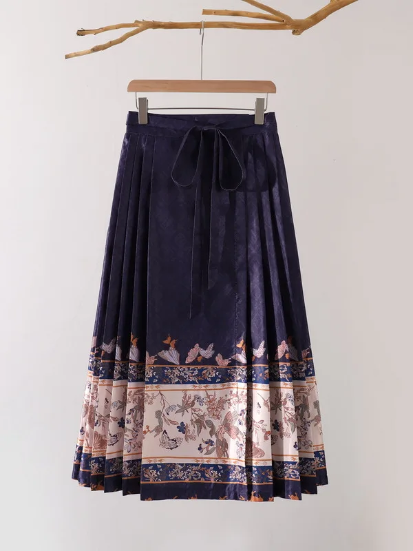 

High Waist Long Printed Hanfu Sle Semi-Body Skirt with Belt New Artistic Trendy European Summer Faion Commute Skirt