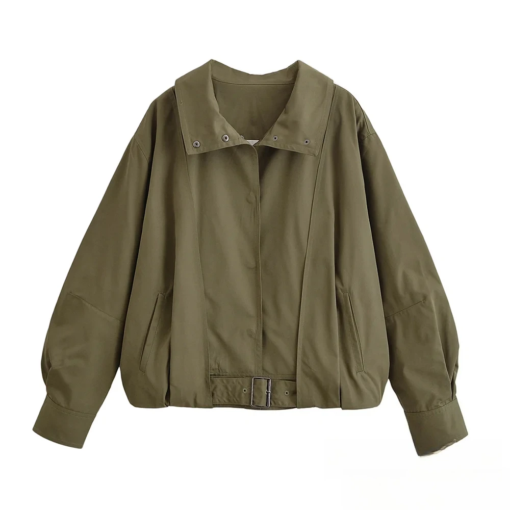 

KONDALA Casual Chic Green Jacket Lapel Button Buckle Bomber Jacket Coat 2025 Spring Fall Fashion High Street Basic Commute Jacke