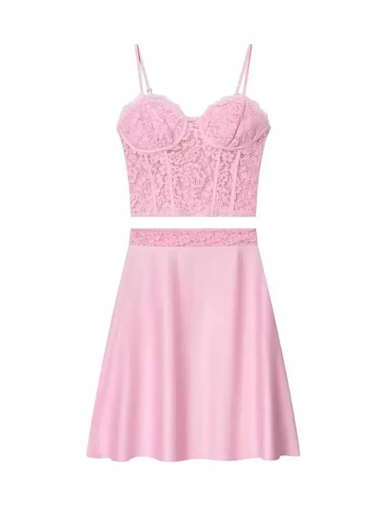 

HH Woman Spring Fashion Hottie Style Sexy Lace Decoration Camisole + Lace Splicing Skirt Female Casual Sweet Two Piece Set