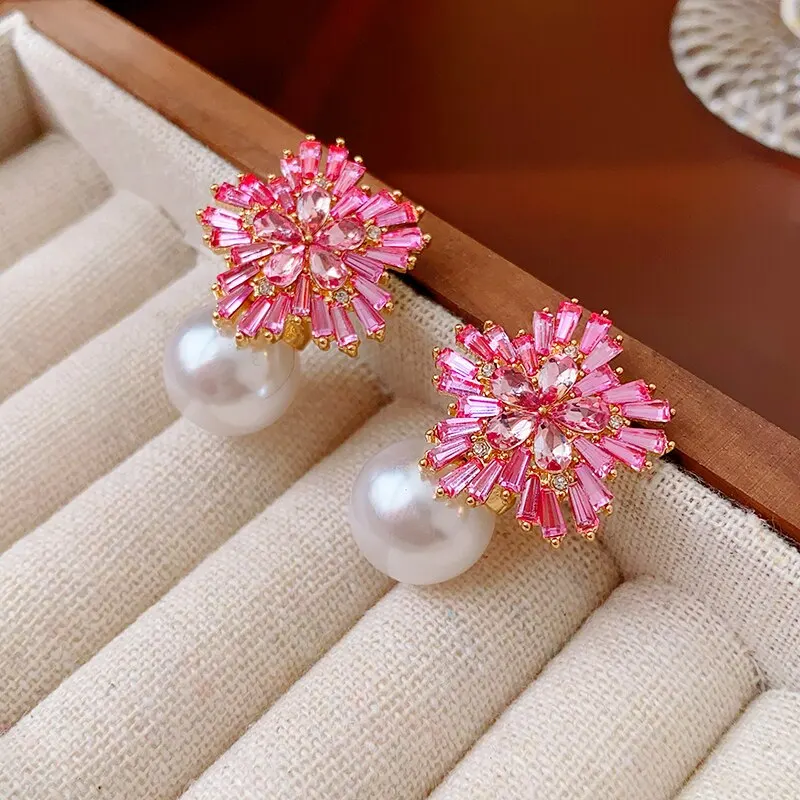 Light Luxury Imitation Pearl Earrings Women Fashion Zircon Crystal Earrings Snowflake Stud Earrings Jewelry For Party Wedding